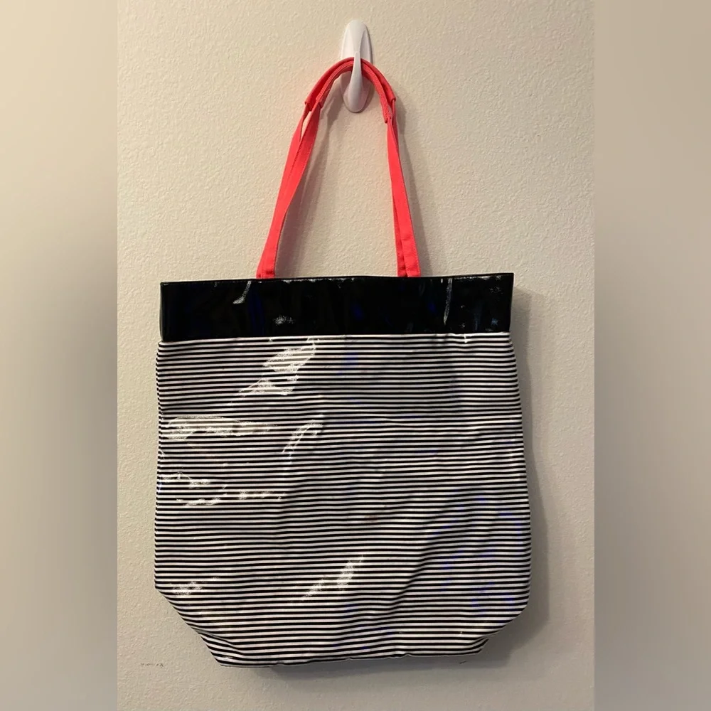 Victoria’s Secret plastic tote bag. Black and white stripe. Canvas pink handles